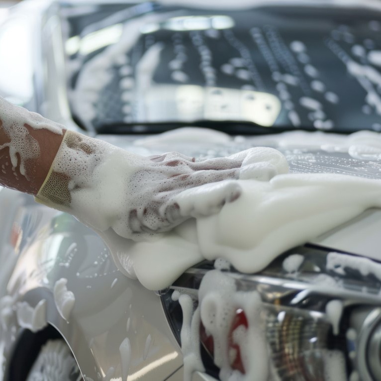 car is being manually washed with white soap and foam