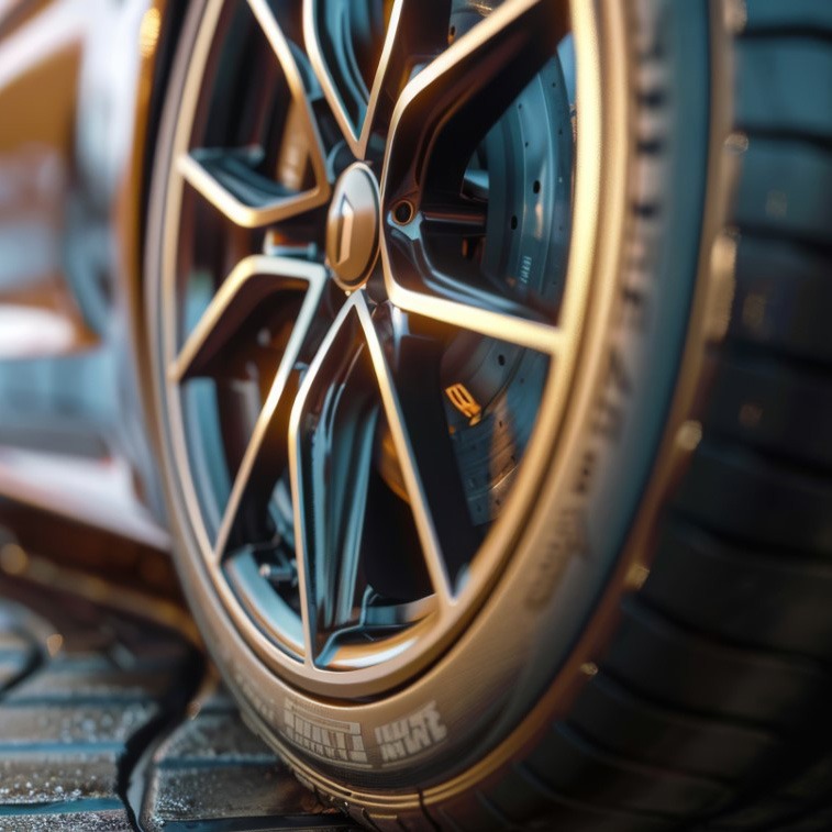 Close-up 3D rendering of a shiny orange luxury sports car wheel, highlighting the sleek rim design and high-performance tire on wet roads. Copy space.